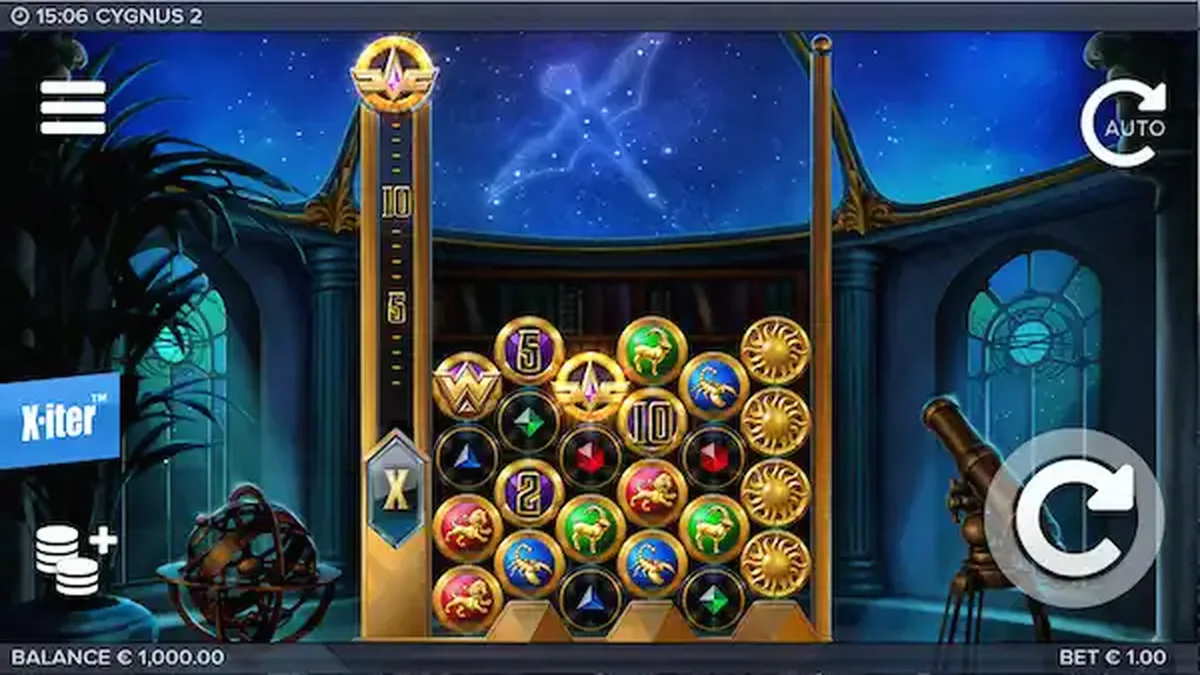 Cygnus 2 slot machine interface featuring cosmic theme and constellations