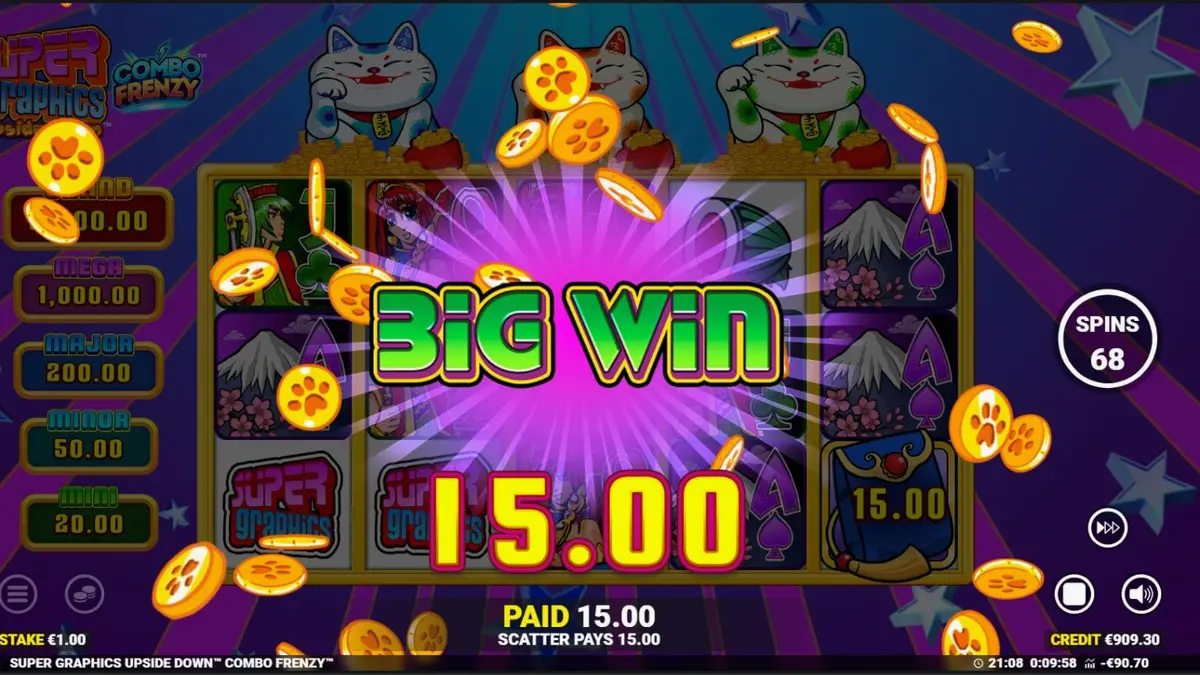 Interface colorida do slot Super Graphics Upside Down com gatos da sorte e símbolos de anime.